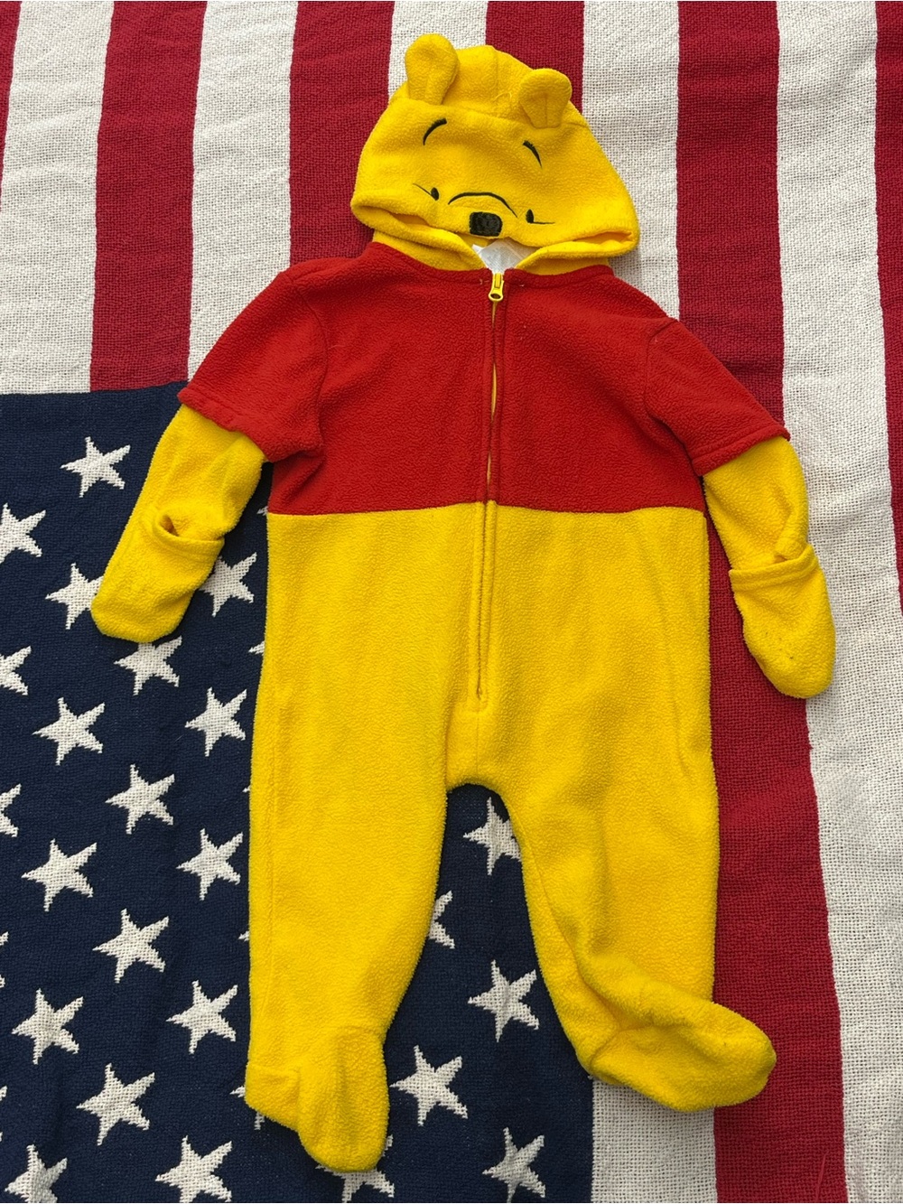 Disney Yellow and Red Winnie the Pooh Hooded Footie Size 3/6 Months